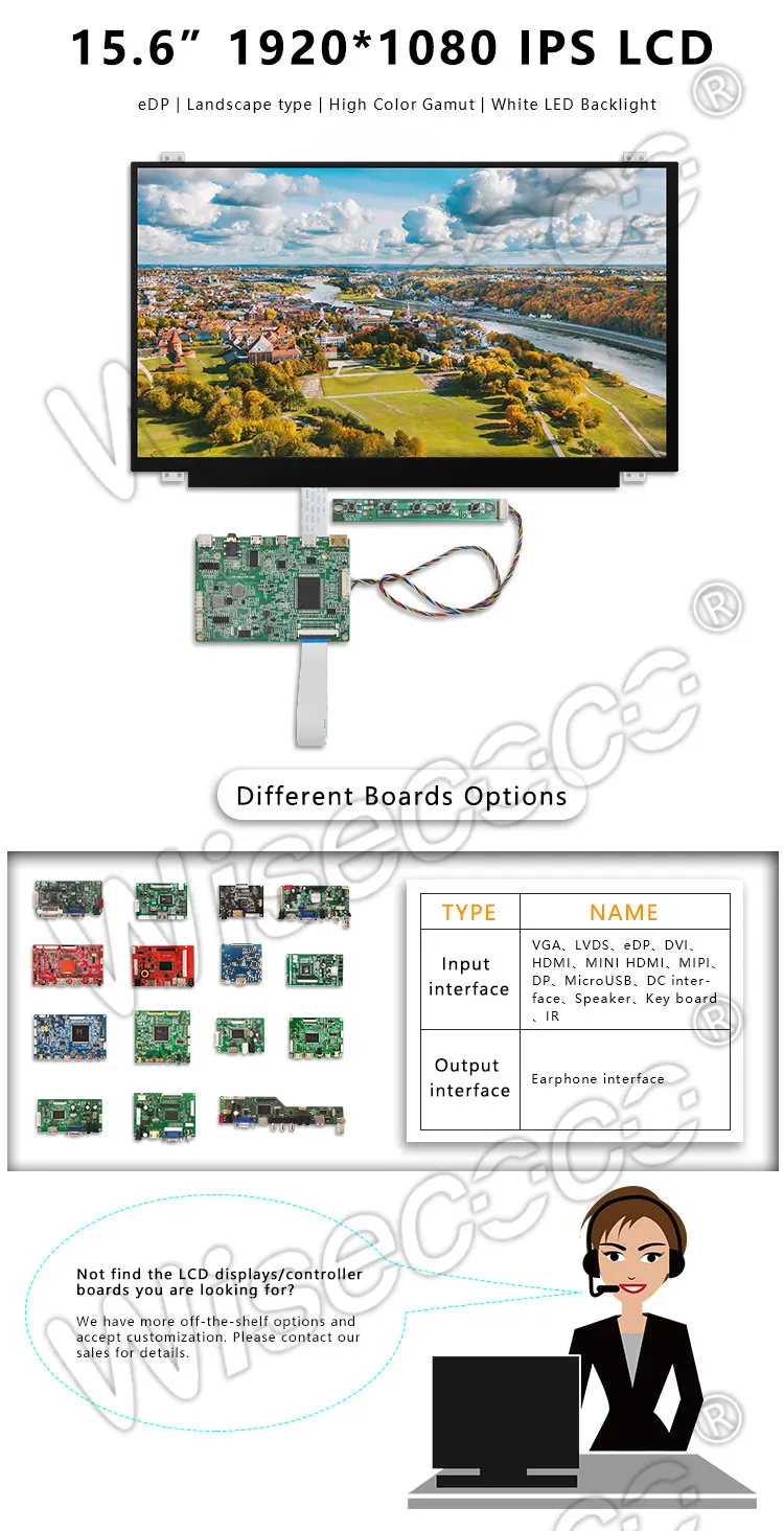 Wisecoco 15.6 Inch 1920*1080 FHD IPS TFT LCD Display with Driver Board