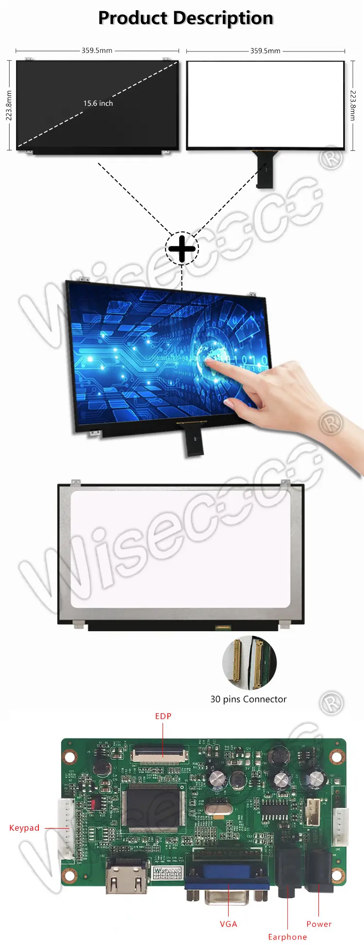 Wisecoco 15.6 Inch IPS LCD Display Panel 10 Point Capacitive Touch Screen 1920*1080 LCD Display