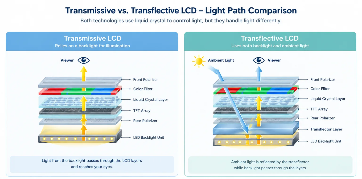 Transmissive vs. Transflective LCD Light Path Comparison